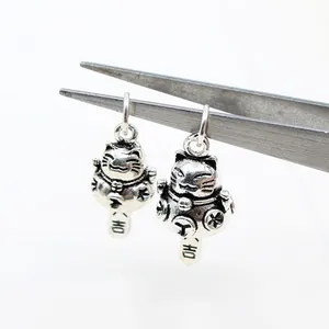 Vintage S925 sterling silver lucky cat charm with Ji character for DIY jewelry making