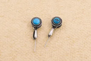 Detailed view of S925 silver earring parts with round blue turquoise and rope edges