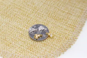 Macro-opname van zilveren klaverhangers met zirkonia naast een munt voor maatvoering