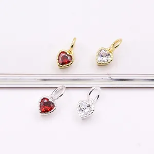 Mini S925 silver heart pendants with red zircon and clear gems for DIY jewelry making