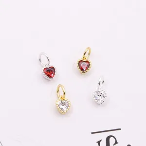 Mini S925 silver heart pendants with red and white zircons for DIY jewelry making