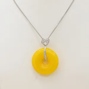 S925 silver yellow chalcedony pendant necklace with heart shaped diamond studded buckle