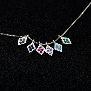 S925 silver necklace with rainbow rhombus pendants featuring colorful cubic zirconia