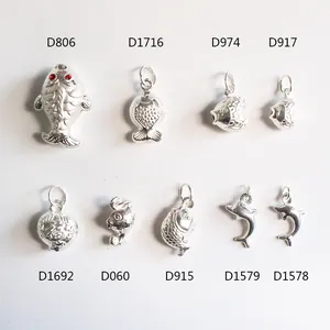 Collezione di ciondoli a pesce e campanelli con carattere Fu in argento S925 per gioielli fai da te
