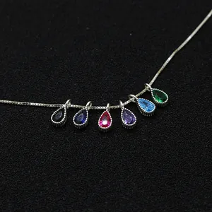S925 sterling silver box chain necklace with six colorful teardrop zircon pendants