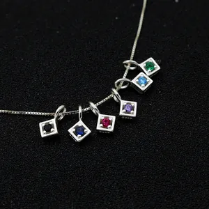 S925 sterling silver box chain necklace with six colorful square gemstone pendants