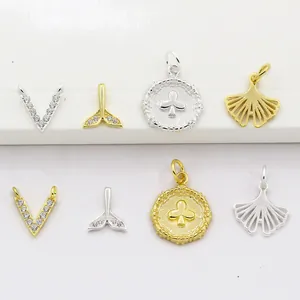 S925 Sterling Silver Pendant For Jewelry Making DIY Fish Tail V Shape Hollow Leaf Round Tag Zirconia Inlaid Electroplated Accessory