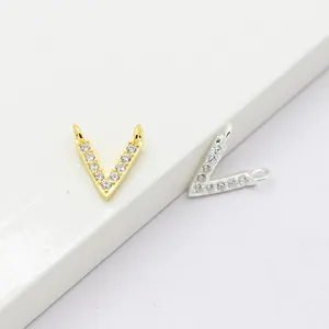 V-shaped S925 silver pendant with micro-paved zircons and dual loops for DIY jewelry