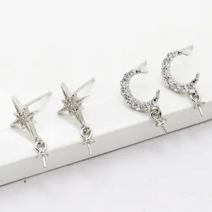 Postes de Pendientes de Botón de Estrella y Luna de Plata de Ley S925 Con Zirconia DIY Base para Perlas Joyería Hecha a Mano
