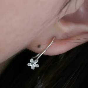 S925 sterling silver five-petal flower earring hook shown on ear with a close-up view