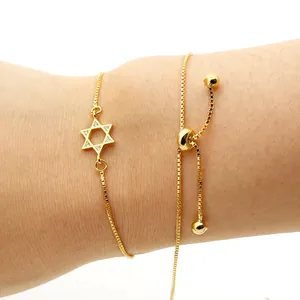 Bracelet ajustable en argent S925 doré avec étoile hexagramme et zircons scintillants
