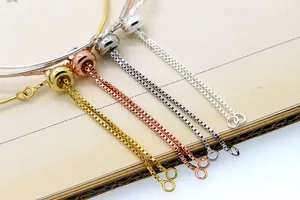 Close-up of adjustable S925 sterling silver box chains with slider beads in four colors