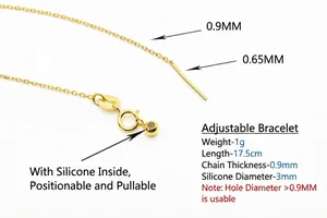 Adjustable S925 silver gold bracelet with silicone bead, needle end, 17.5cm length