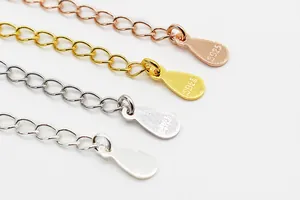 Detail of S925 sterling silver extender chains with water-drop pendants in four colors