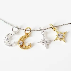 925 Sterling Silver Zirconia Moon Star Pendant DIY Charms For Necklace Bracelet Jewelry Making Gold Silver Small Crescent Moon Four-Pointed Star Accessories