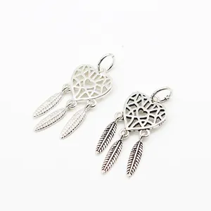 S925 Sterling Silber Herz Traumfänger Anhänger mit drei hängenden Federn für DIY