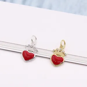 Pendentif Cœur Couronne en Argent Sterling 925 Émail Rouge Zirconia Charm pour DIY Collier Bracelet Pendentif Seul Sans Chaîne