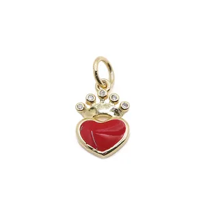 Pendentif cœur rouge en argent S925 avec couronne dorée et zircons pour bijoux