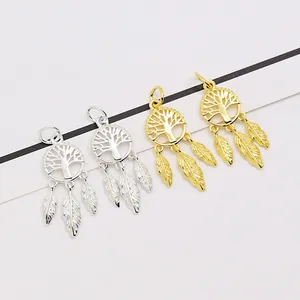 925 Sterling Silver Tree Of Life Dreamcatcher Pendant With Feathers Gold Plated DIY Jewelry Making Charms For Necklace