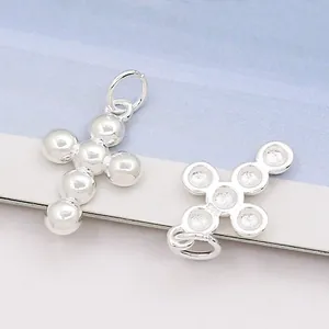 S925 sterling silver cross pendant with beaded texture and polished finish for DIY jewelry