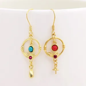 Asymmetric vintage gold S925 sterling silver hook earrings with turquoise and carnelian stones