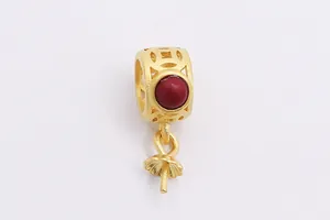 Detailed S925 silver gold hollow bead pendant connector with red stone and pin mount
