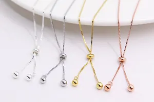 Macro view of adjustable S925 sterling silver box chains in four metallic colors for DIY jewelry