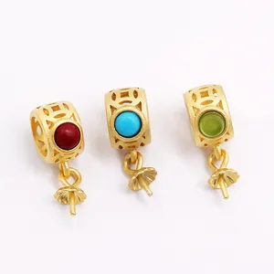 S925 sterling silver antique gold pendant clasp with gemstone inlay for DIY pearls