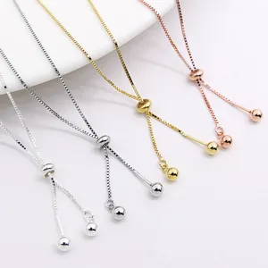 Adjustable S925 sterling silver box chain necklaces with sliding bead in multiple colors
