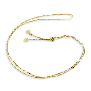 Adjustable golden S925 sterling silver box chain necklace with slide bead clasp mechanism