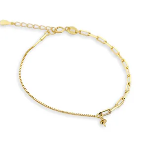 Bracelet en argent S925 doré avec maille trombone et boîte, pendentif porte-perle inclus