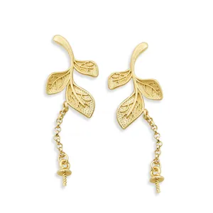 Goldene S925 Silber Blatt-Ohrringe mit langer Kette und Perlenfassung für DIY Schmuck