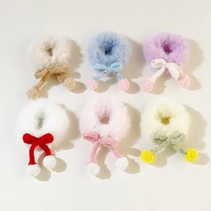 Cute Plush Hair Tie With Knit Bow And Fur Ball Sweet Elastic Hair Scrunchie For Women Girls Winter Hair Accessories