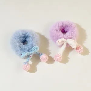 Cute plush bow hair scrunchies set in light blue and purple for autumn winter