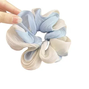 Summer gradient mesh organza scrunchie in light blue and white for elegant hair styling