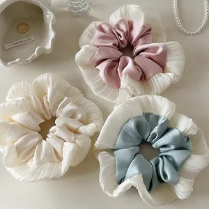 Three-piece Korean style satin scrunchies set with pleated lace mesh edges in elegant colors