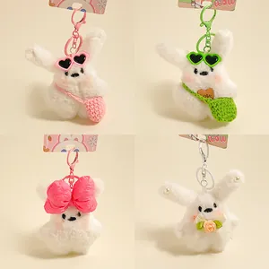 Mignon Porte-clés en Peluche Lapin Chien Blanc Avec Nœud Lunettes de Soleil Cœur Fleur Dessin Animé Peluche Animal Poupée Charme de Sac pour Femmes Enfants Cadeau