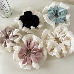 Large Satin Pleated Lace Scrunchie French Style Ponytail Holder Elegant Mesh Hair Tie For Women Korean Fashion Hair Accessory