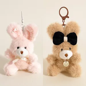 Porte-clés ours en peluche rose et marron avec nœuds et crochets pour sacs
