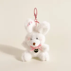 Porte-clés lapin en peluche blanche avec nœud rose et étiquette KIKIPINK