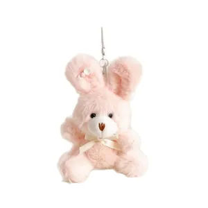 Porte-clés mignon lapin en peluche rose avec longues oreilles et nœud en ruban crème