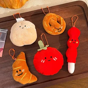 Lot de porte-clés en peluche mignons en forme de croissant et bretzel avec perles