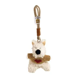 Witte pluche puppy sleutelhanger met bruine gebreide trui, rood hart en dikke touwlus