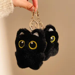 Cute Fuzzy Black Cat Plush Keychain Animal Bag Pendant For Backpack Soft Stuffed Toy Charm For Car Key Ornament Gift