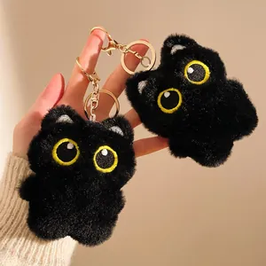 Cute black plush cat keychains with yellow eyes and gold metal clips for bags and gifts
