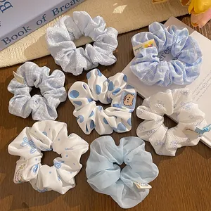 7Pcs blue polka dot and floral scrunchies set with lace trim and mesh fabric