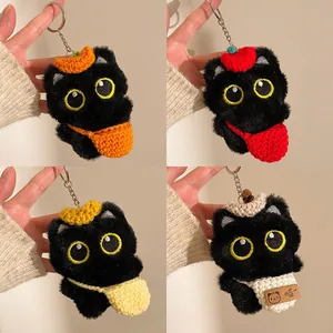 Porte-clés en Peluche Chat Noir Mignon Avec Bonnet et Sac en Tricot Pendentif de Sac Jouet en Peluche pour Femmes Cadeau