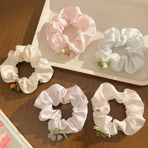 Sweet Satin Floral Scrunchies With Flower Fruit Charms Bowknot Ribbon Hair Ties For Women Girls Ponytail Holder Accessories