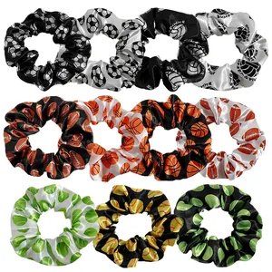 Satin Sports Ball Print Hair Scrunchies Basketball Football Soccer Tennis Volleyball Pattern Hair Ties For Women Girls Sporty Hair Accessories