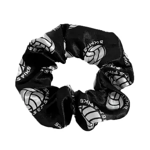 Black satin volleyball scrunchie with silver Set Spike and Bump motivational prints